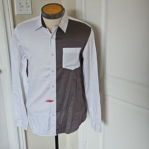 Guess Men's Two-Tone Slim Fit Button Down Long Sleeves Shirt Medium White/ Gray